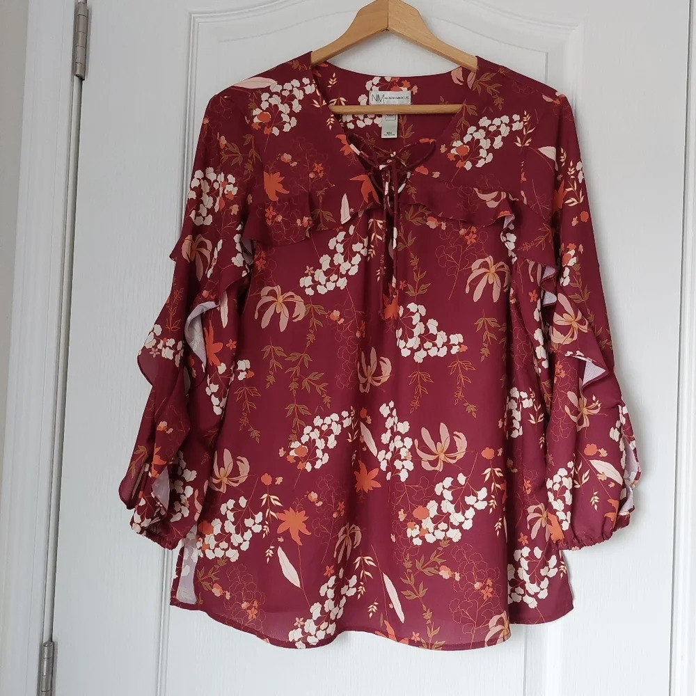Neiman Marcus Burgundy Floral Ruffle Tie-Neck Blouse